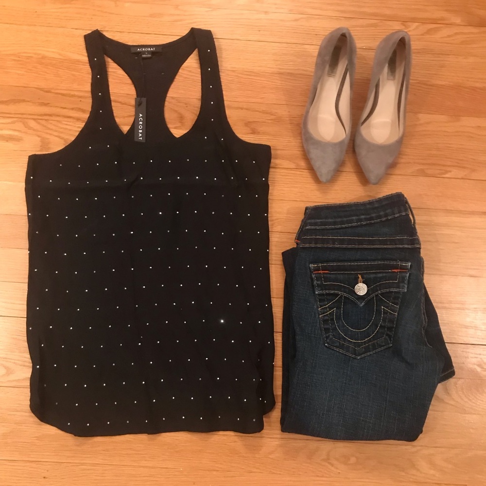NWT Acrobat Rhinestone Black Silk Tank (Small)